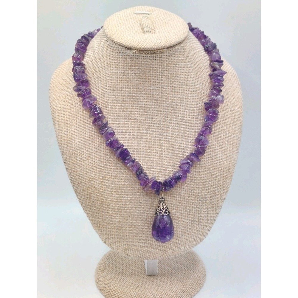 Amethyst Necklace Purple Teardrop Pendant Sterling Silver Vintage Natural Boho